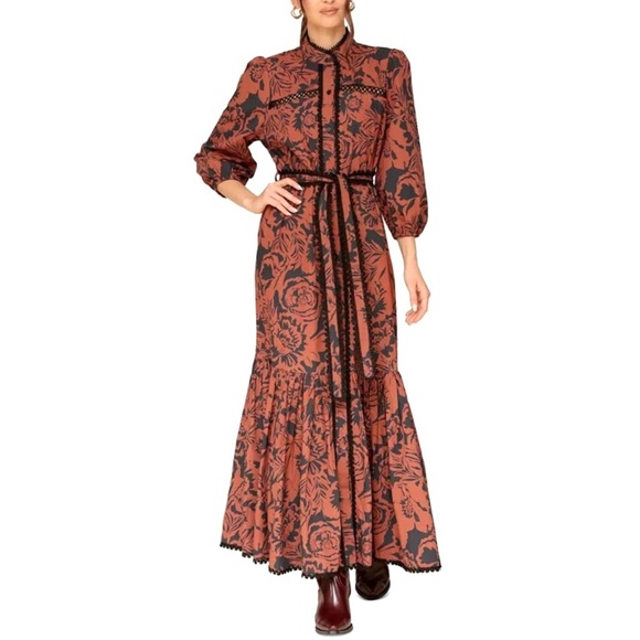 NWT Avec Les Filles Black & Rust Cotton Poplin Floral Belted Maxi Dress - Picture 3 of 16